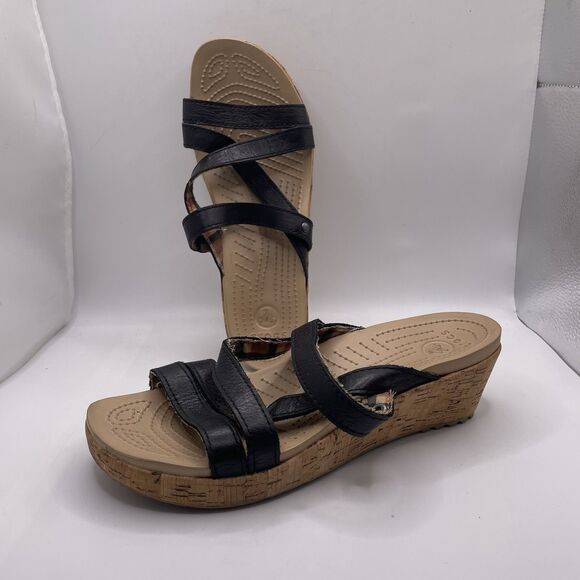 Crocs A Leigh Wedge Cork Sandal Women's Size 7 Plaid Preppy Beach Summer - Picture 3 of 8